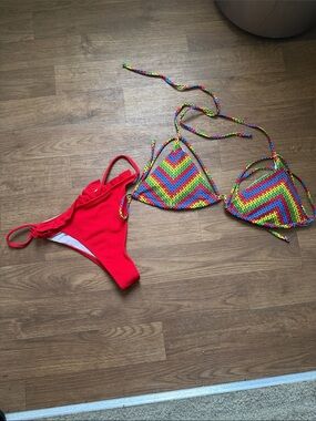 New red blue yellow green Bikini Top with Red Ribbed Bottom Large